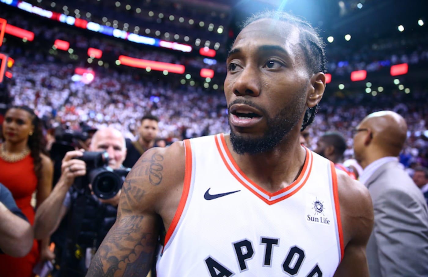 Kawhi Leonard looks on after Game 7 win over Sixers.