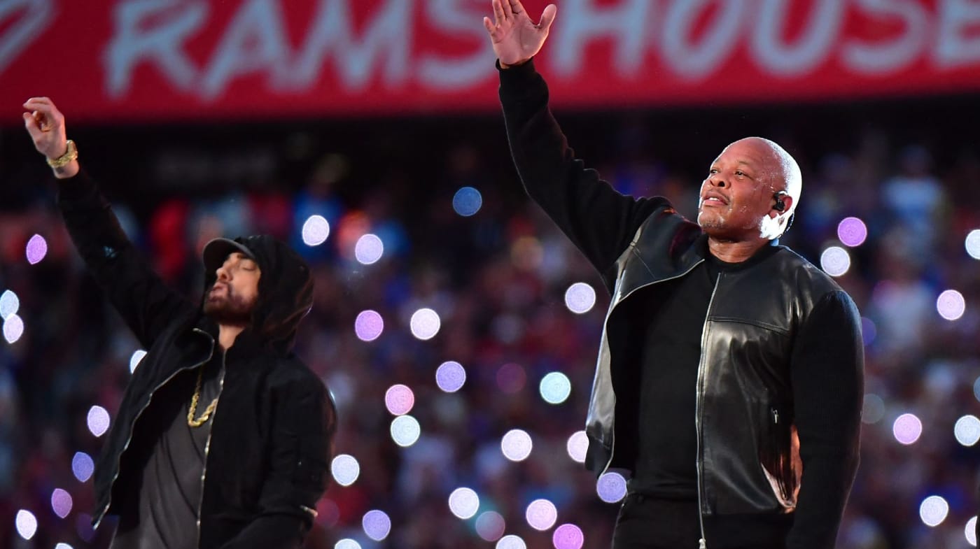 Eminem and Dr. Dre perform at the Super Bowl Halftime Show