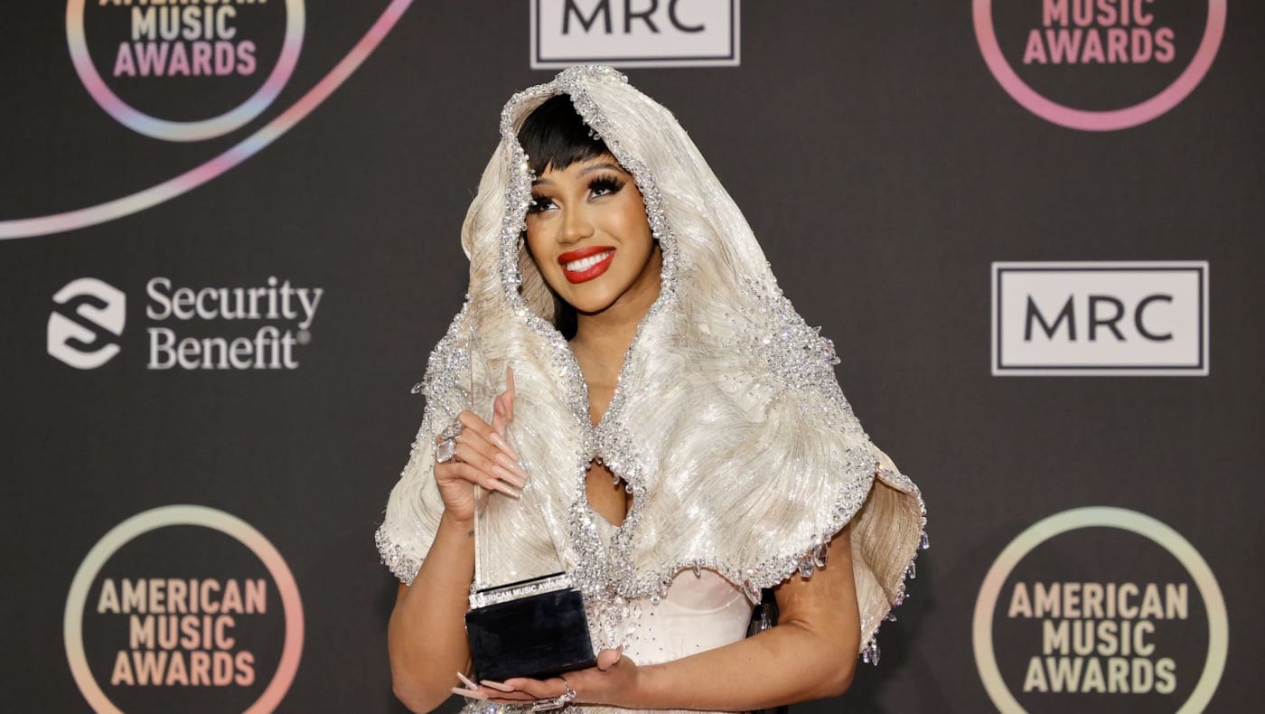 Cardi B, winner of the Favorite HipHop Song award, poses in the Press Room at the 2021 American Music Awards