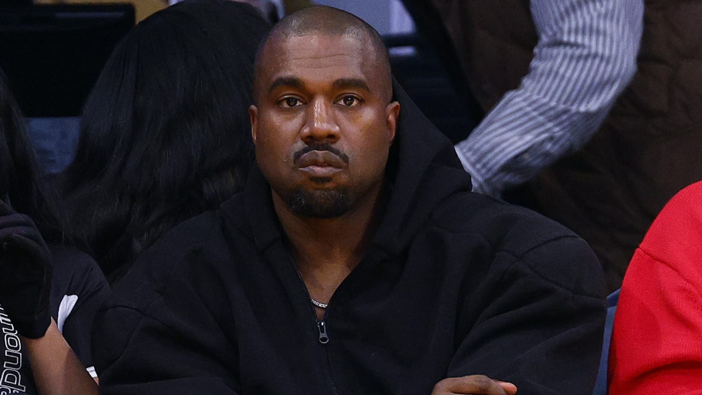Rapper Kanye West attends a game between the Washington Wizards and the Los Angeles Lakers.