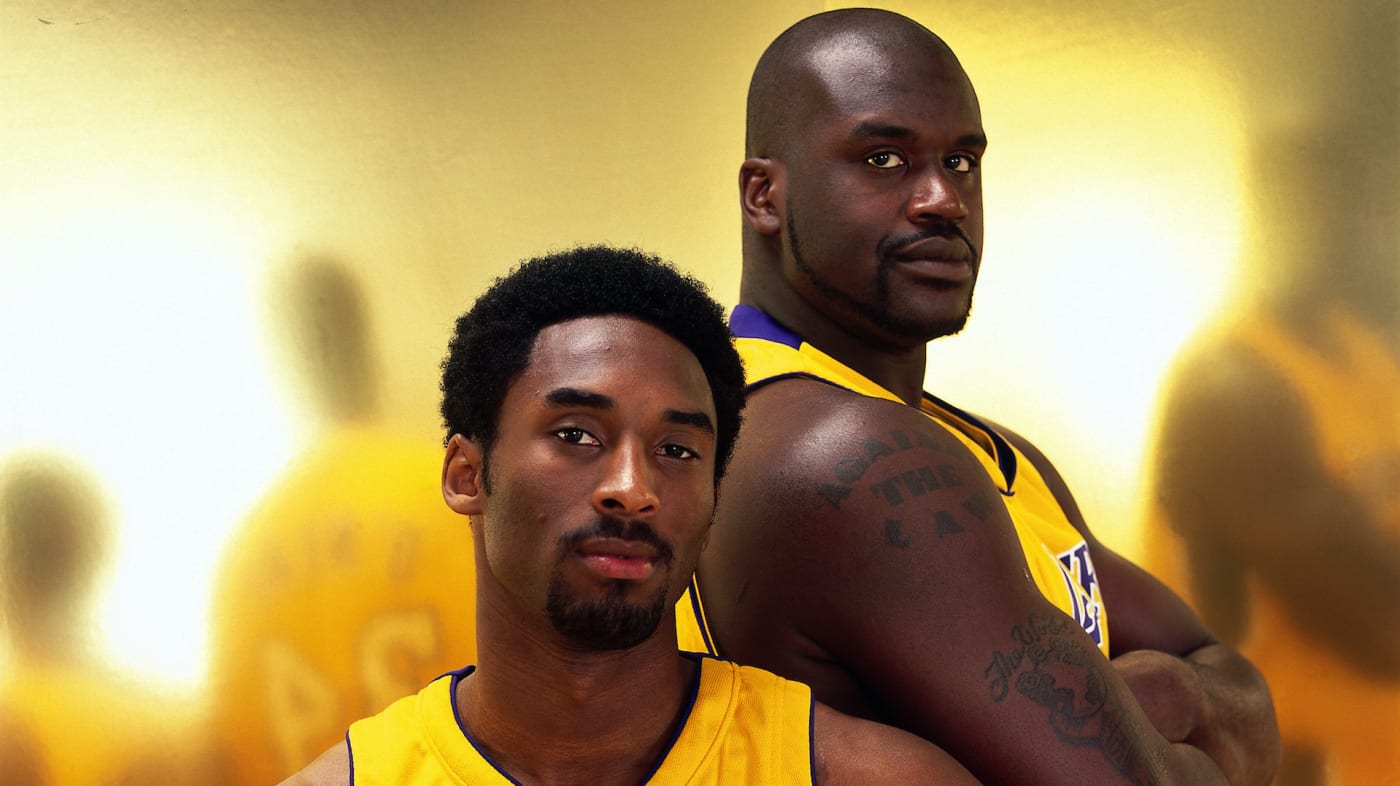 Kobe Bryant #8 and Shaquille O'Neal #34 of the Los Angeles Lakers