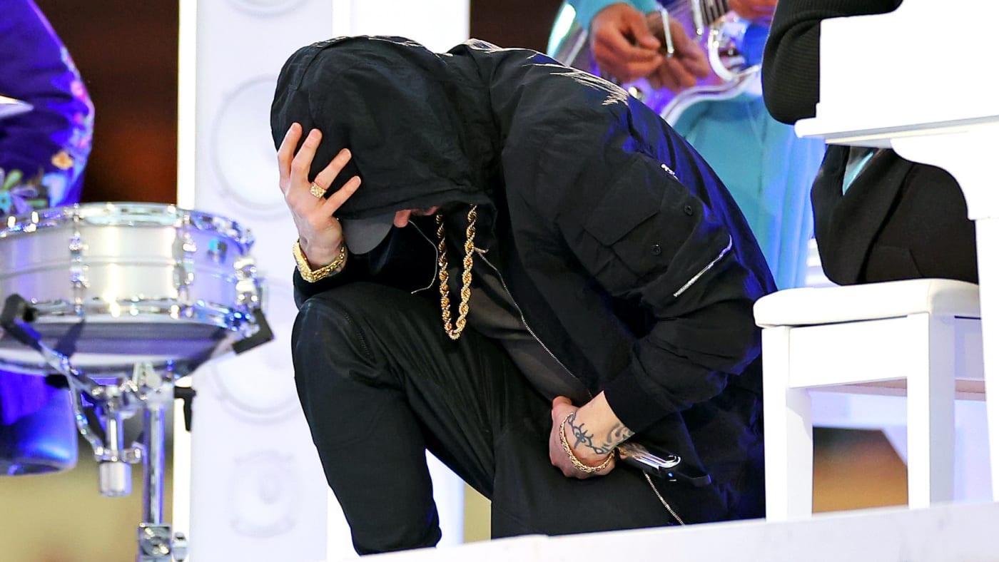 Eminem performs during the Pepsi Super Bowl LVI Halftime Show.