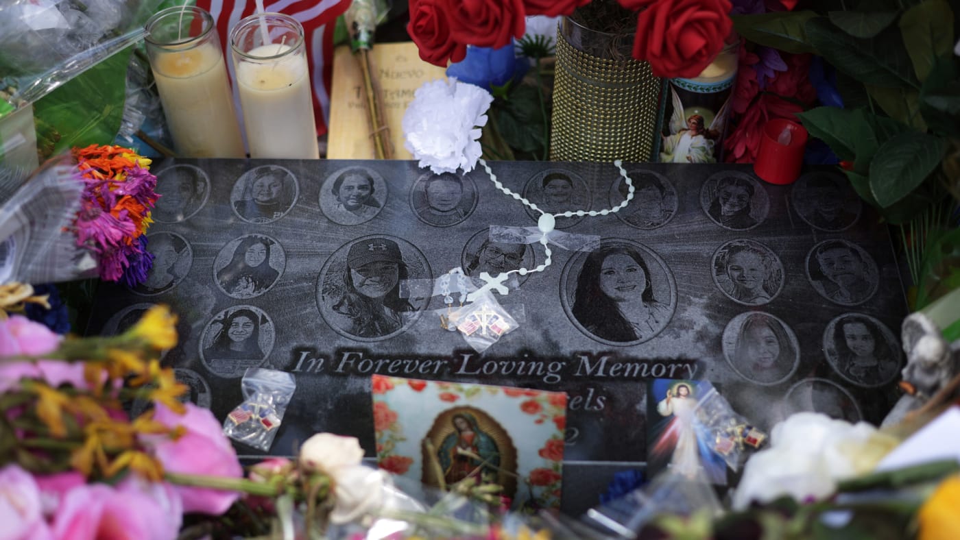 A memorial to Uvalde shooting victims is shown