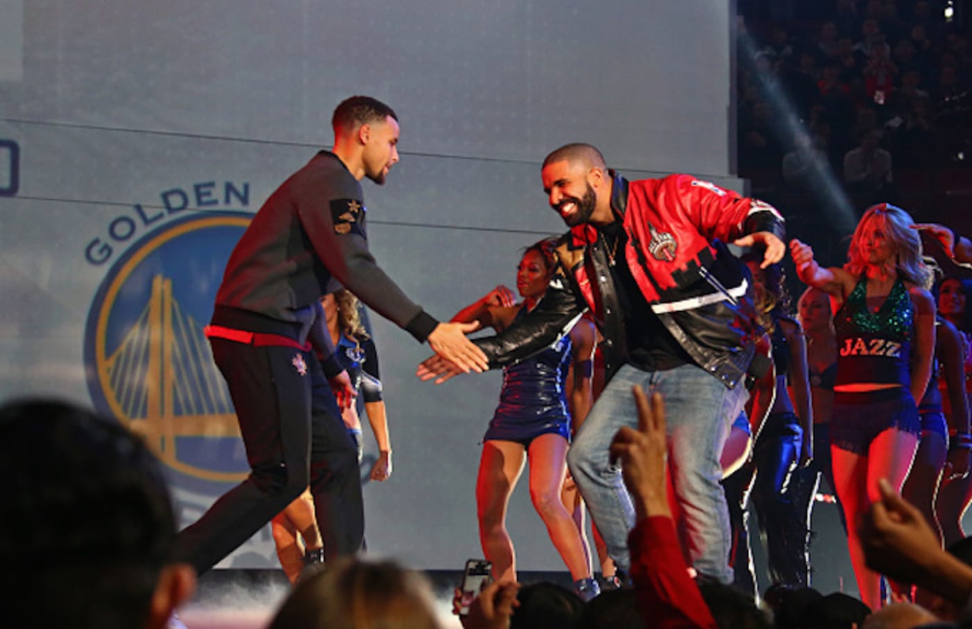 Drake introduces Stephen Curry #30 of the Western Conference