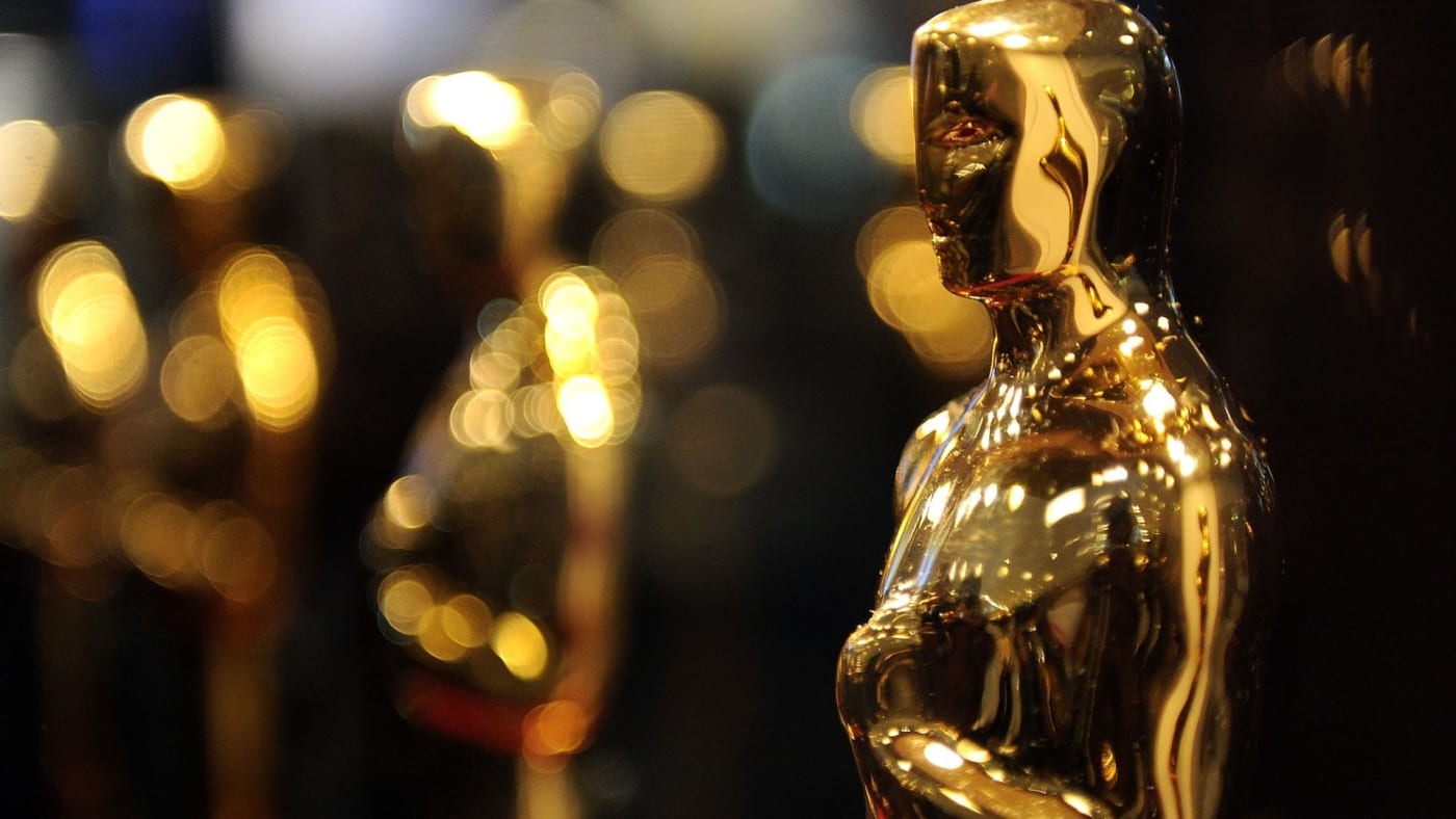 A row of Academy Award trophies