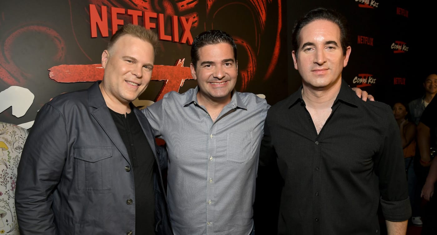 Josh Heald, Jon Hurwitz, and Hayden Schlossberg attend Netflix's Cobra Kai Season 5 Los Angeles Premiere