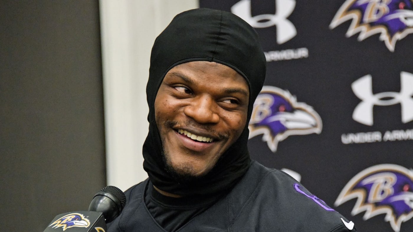 Ravens quarterback Lamar Jackson answers questions after a practice in September