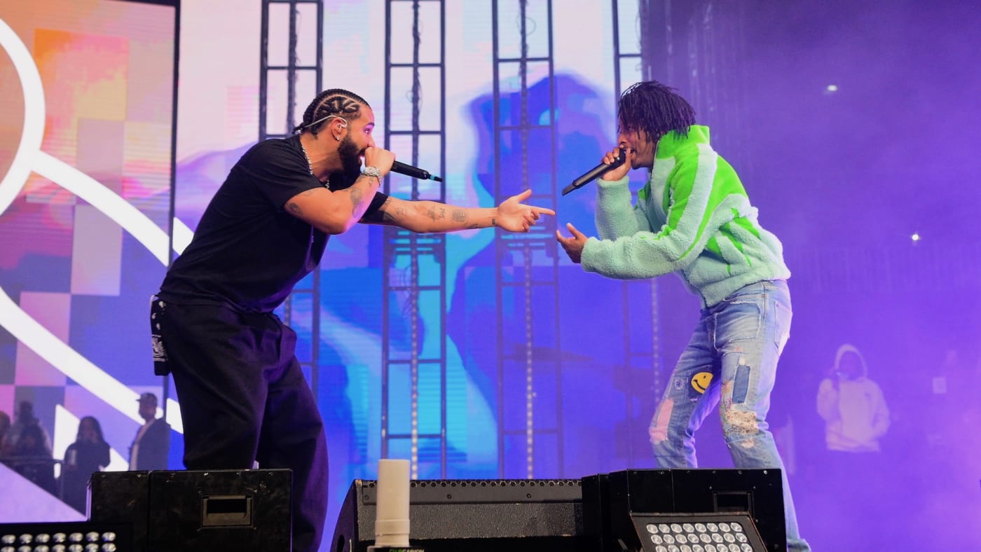 Drake and Rapper 21 Savage perform onstage during "Lil Baby & Friends Birthday Celebration Concert"