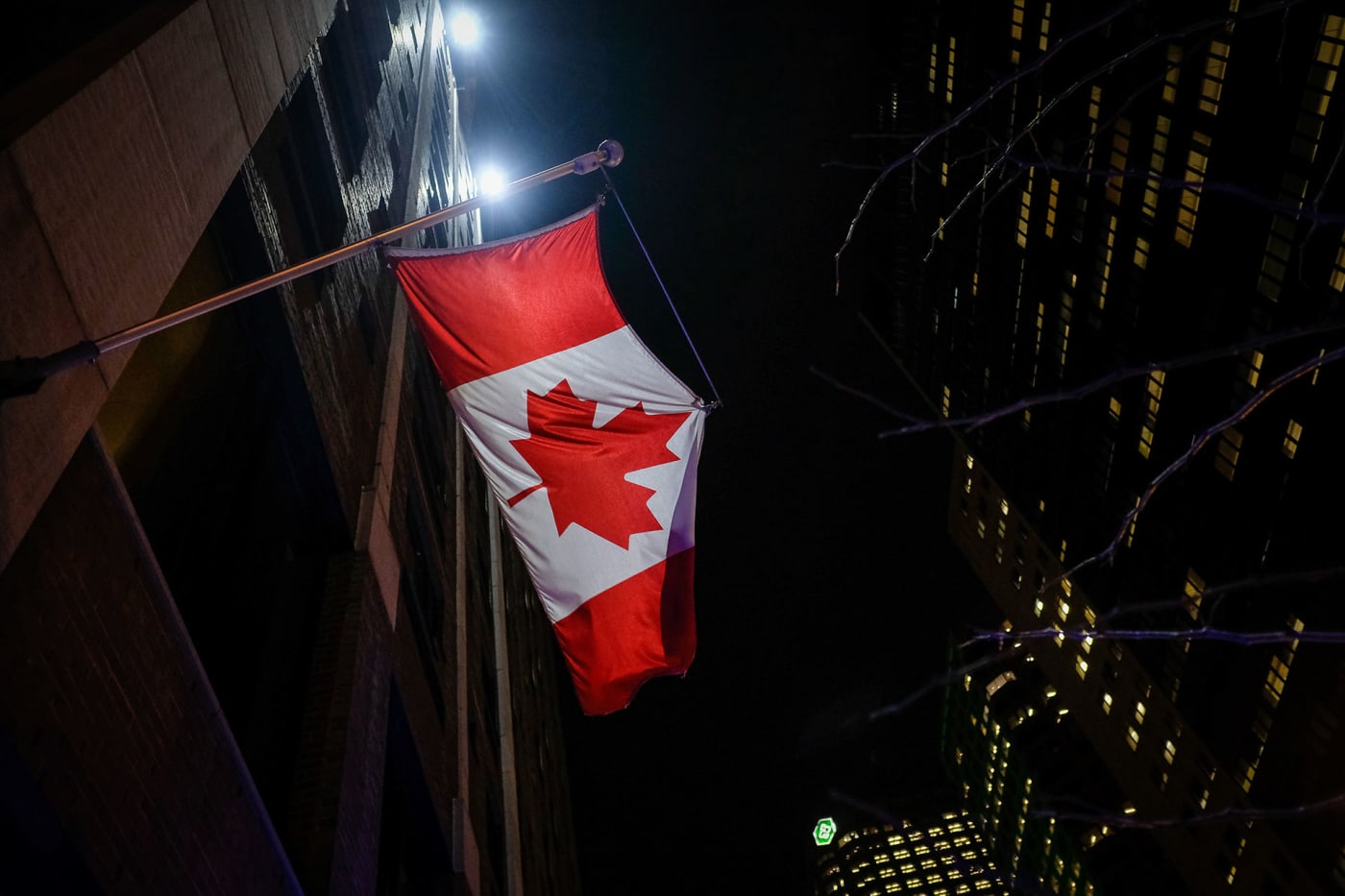 canadian flag in the city of Montreal by night, Quebec, Montreal, Canada