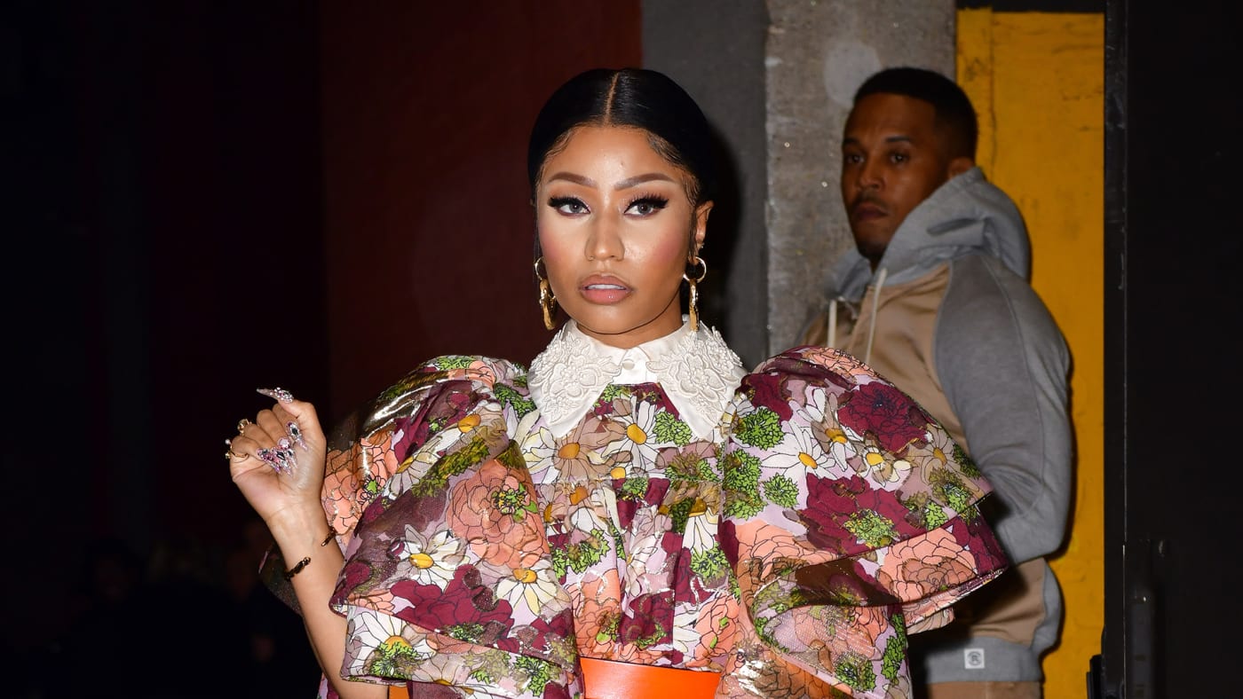 Nicki Minaj arrives to the Marc Jacobs fashion show at Park Avenue Armory on February 12, 2020 in New York City.