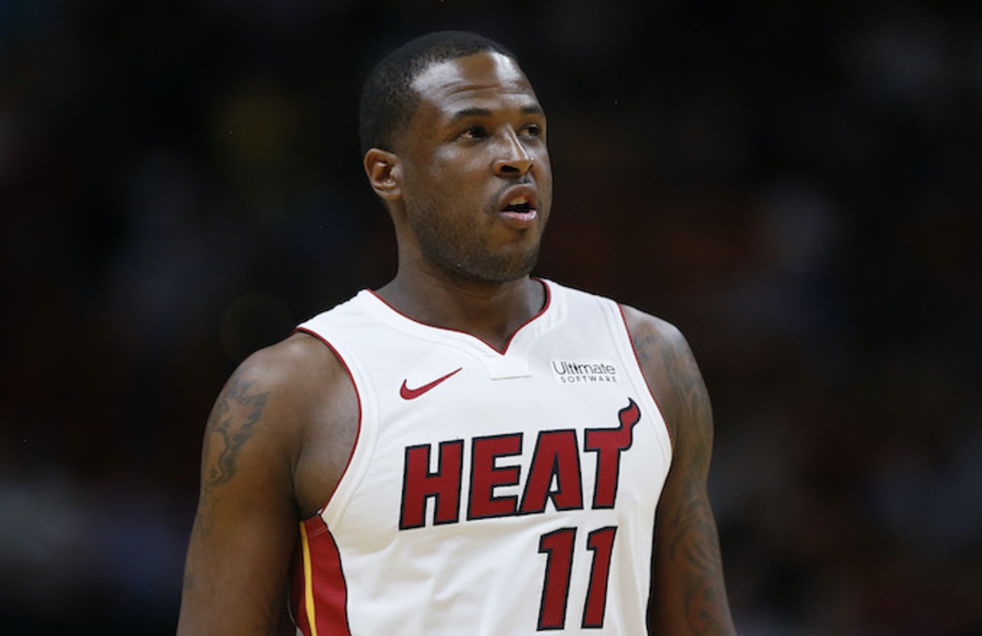 Dion Waiters of the Miami Heat looks on against the Houston Rockets.