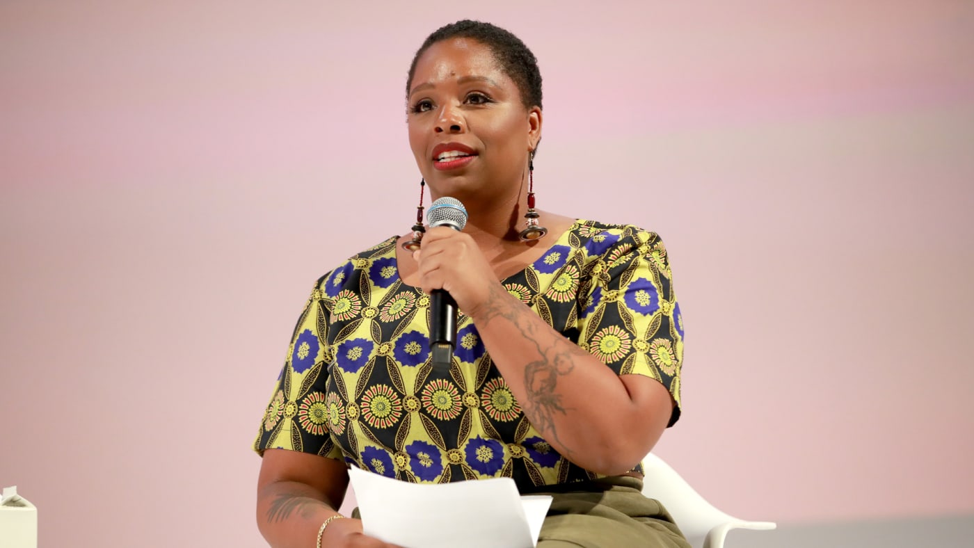 Patrisse Cullors is pictured speaking at an event