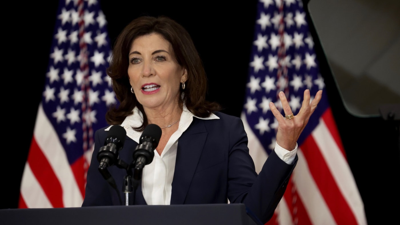 New York Governor Kathy Hochul speaks to guests during an event with US President Joe Biden