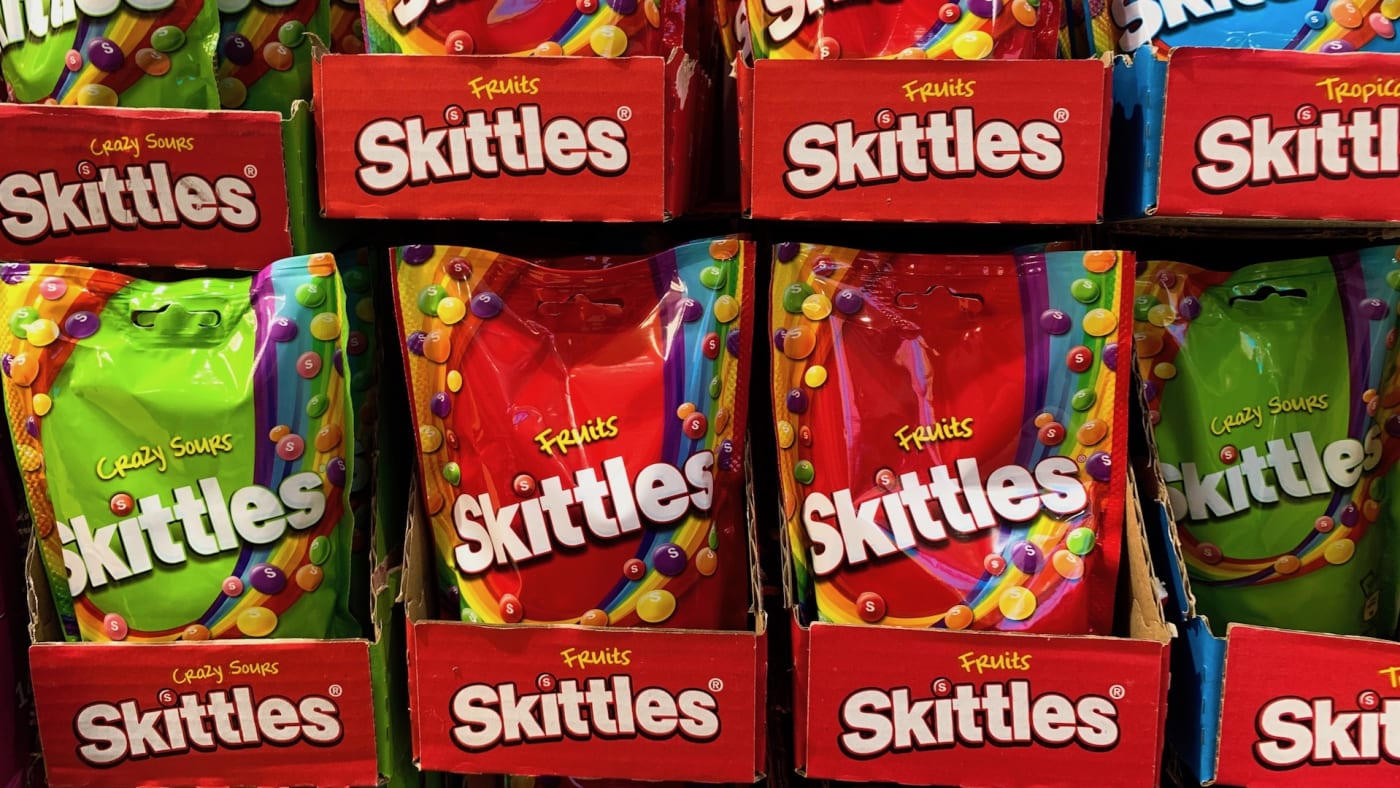 Skittles candies are seen in the shop in Milan