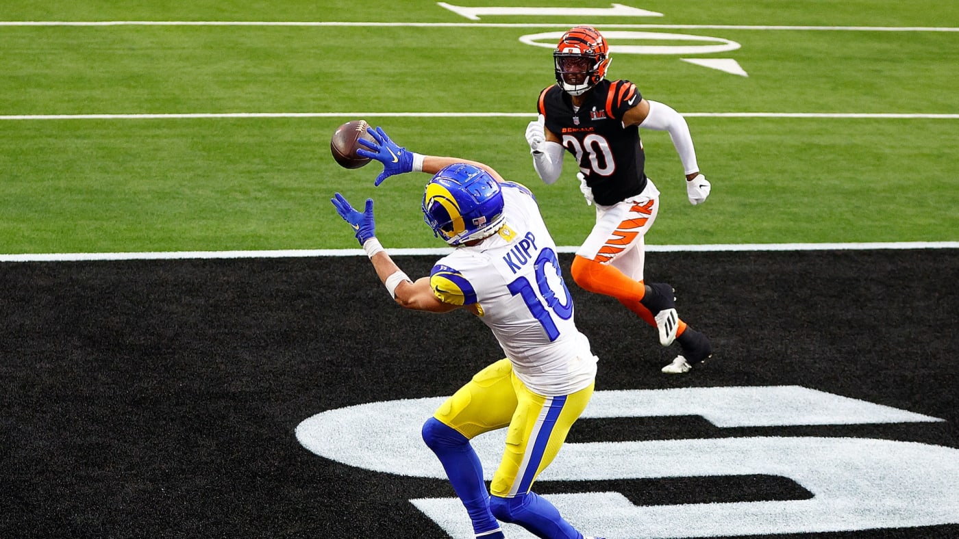 Cooper Kupp #10 of the Los Angeles Rams makes a touchdown catch over Eli Apple.