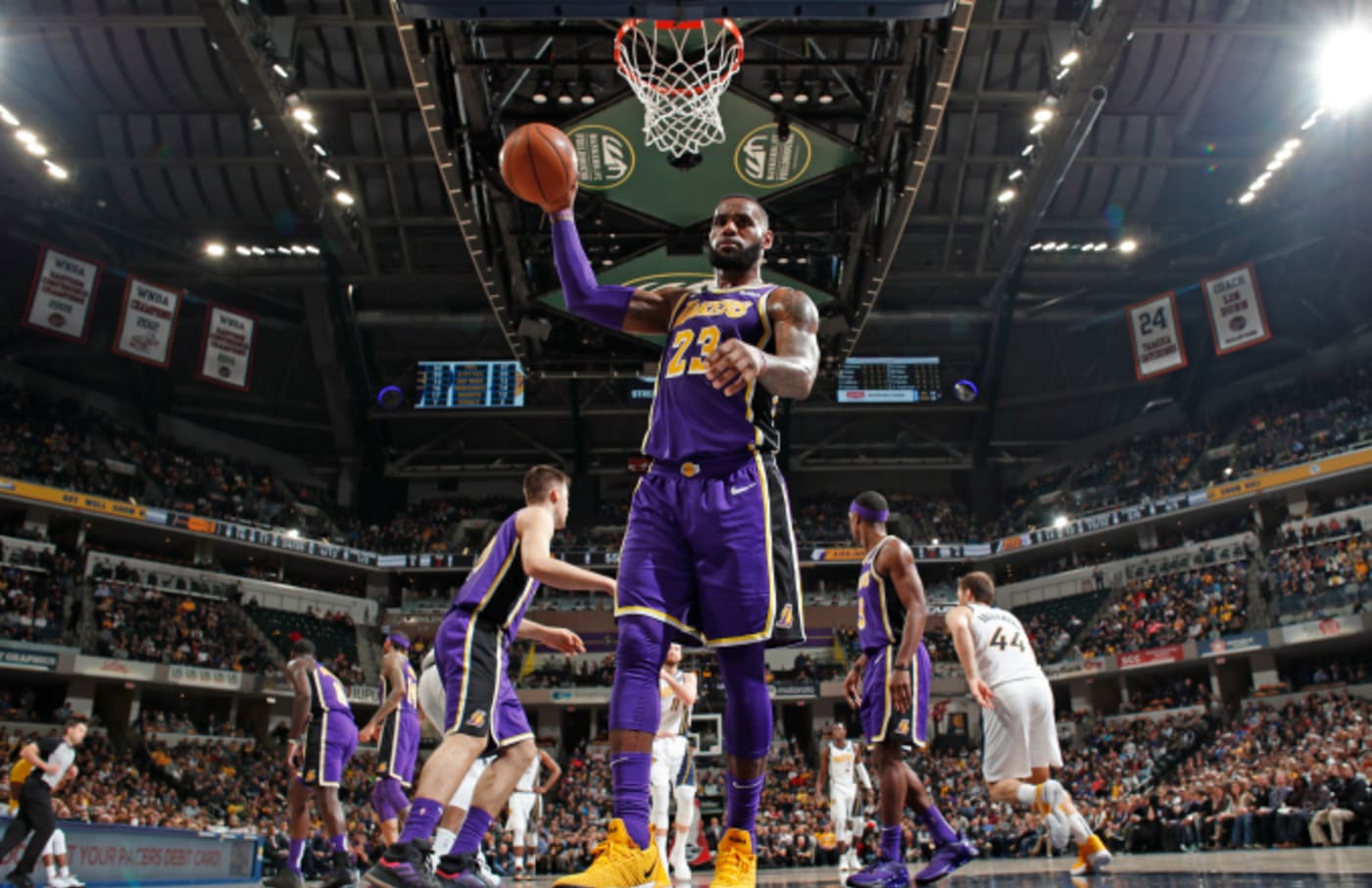LeBron James #23 of the Los Angeles Lakers looks on during the game
