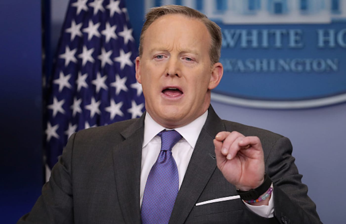 White House Press Secretary Sean Spicer reacts to reporters' questions