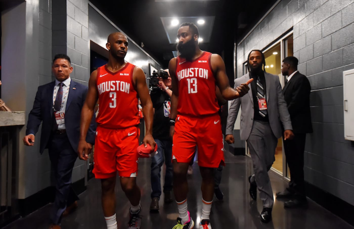 Chris Paul and James Harden heading to locker room after Western Conference Semifinals Game 4.