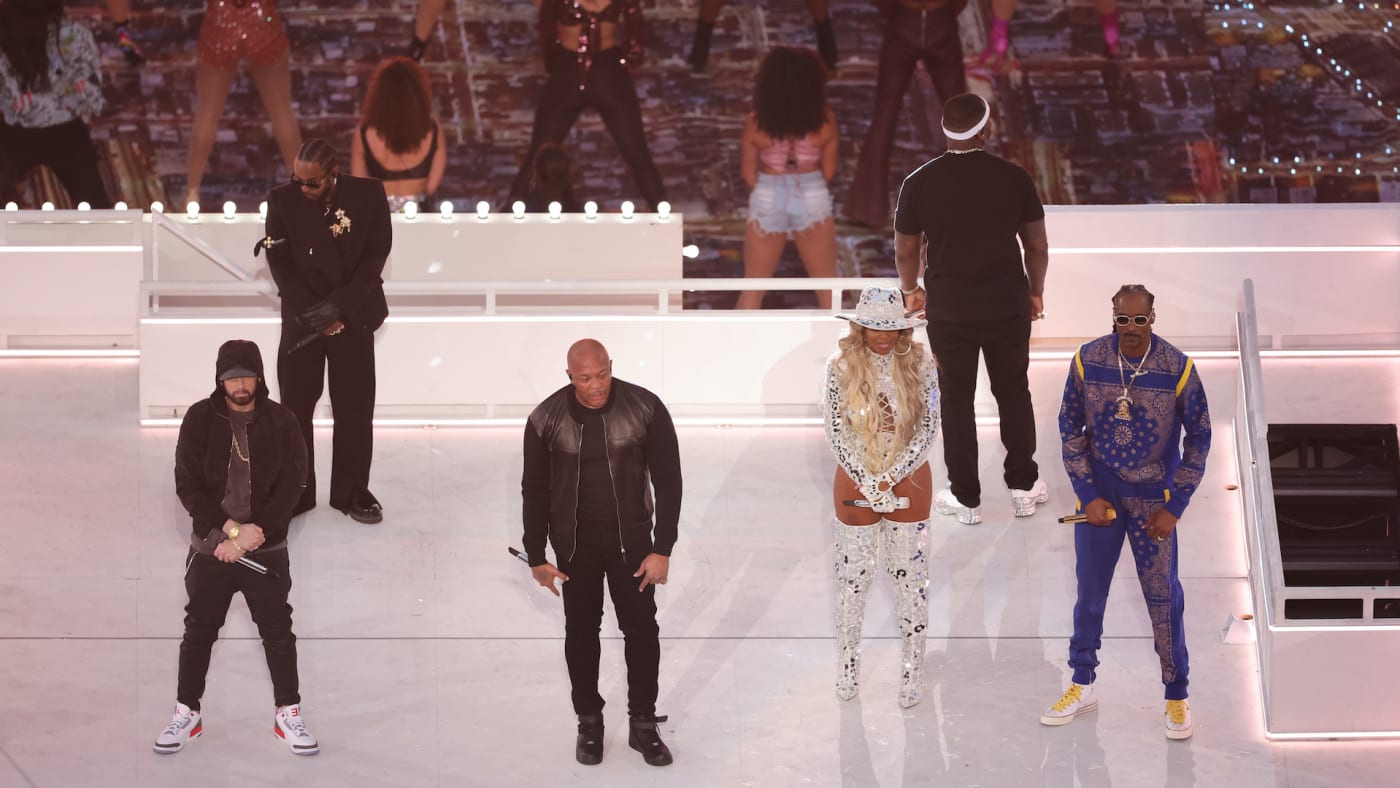 Eminem, Kendrick Lamar, Dr. Dre, Mary J. Blige, 50 Cent, and Snoop Dogg perform during the Pepsi Super Bowl LVI Halftime