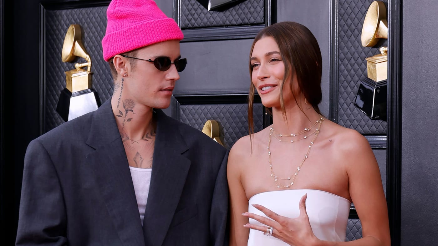 Hailey and Justin Bieber attend the 2022 Grammy Awards
