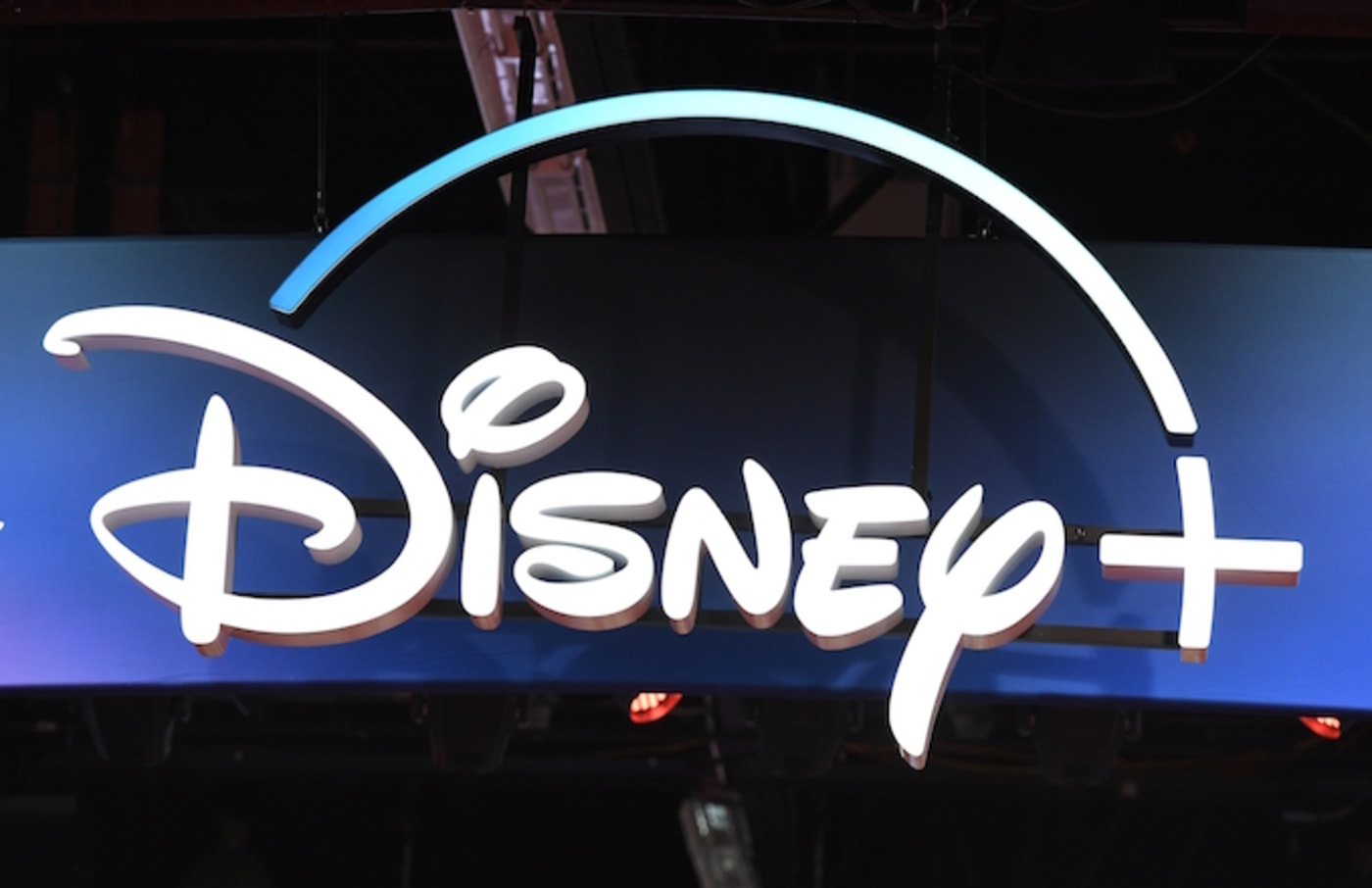 A Disney+ streaming service sign is pictured at the D23 Expo.