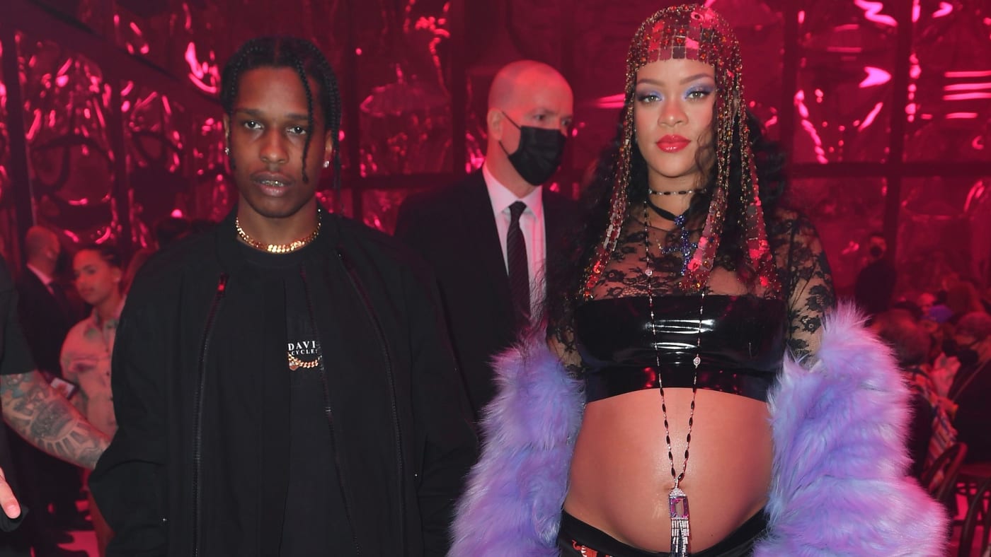 Asap Rocky and Rihanna are seen at the Gucci show during Milan Fashion Week Fall/Winter 2022/23