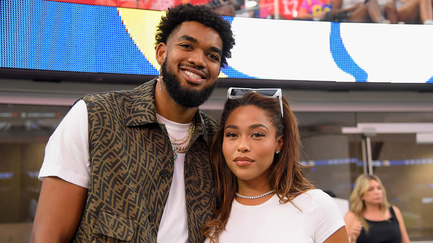 Karl Anthony Towns and model Jordyn Woods attend the NFL game between the Los Angeles Rams and the Buffalo Bills