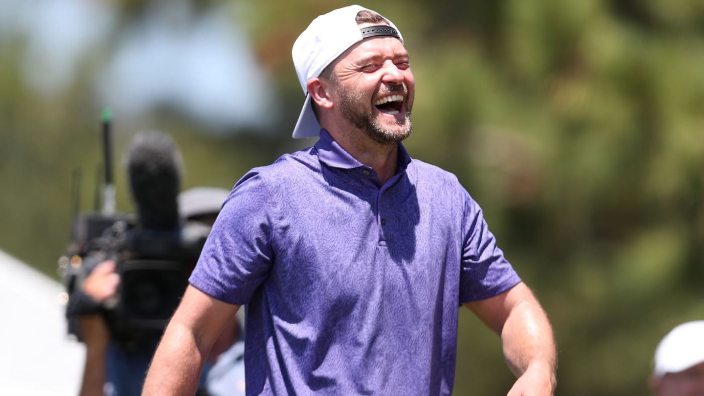 Musician Justin Timberlake smiles during the American Century Championship at Edgewood Tahoe South golf course