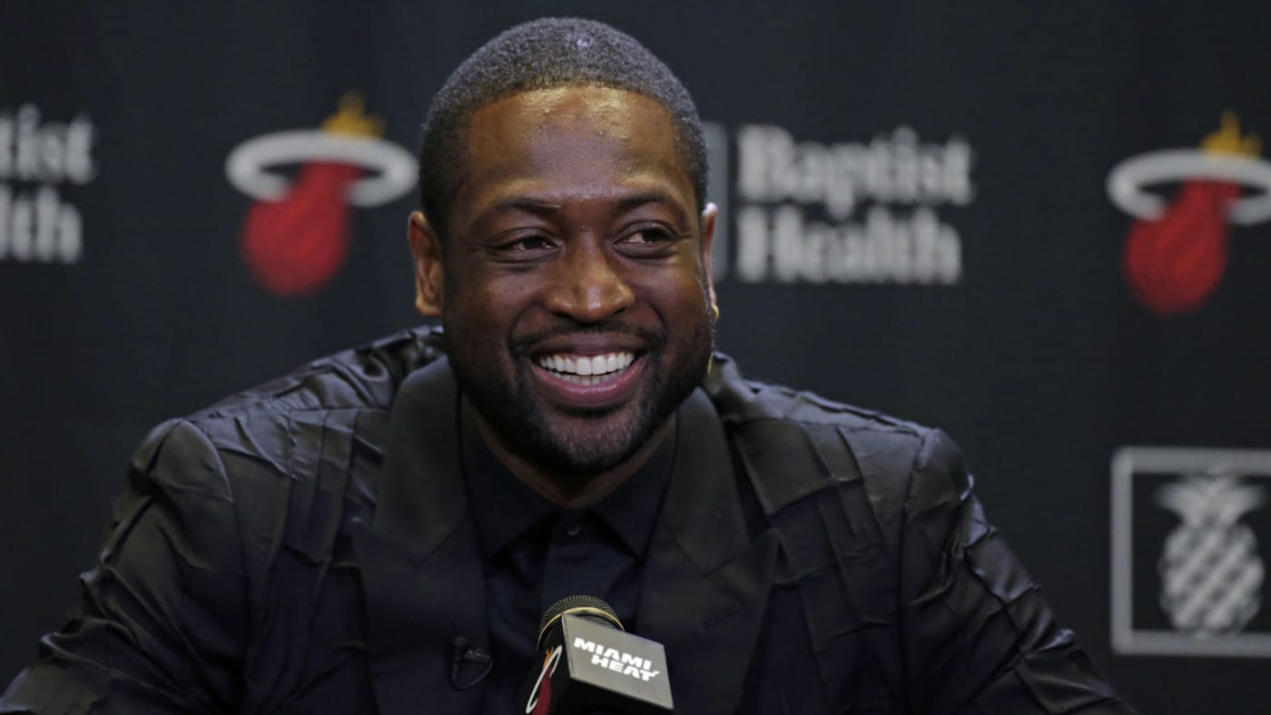 Dwyane Wade speaks to the media after his ceremony for his jersey retirement.