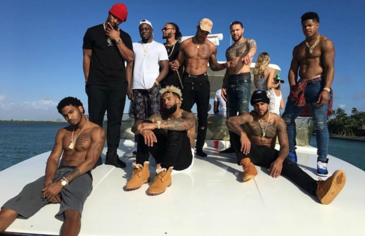 NY Giants players hang out on a boat.