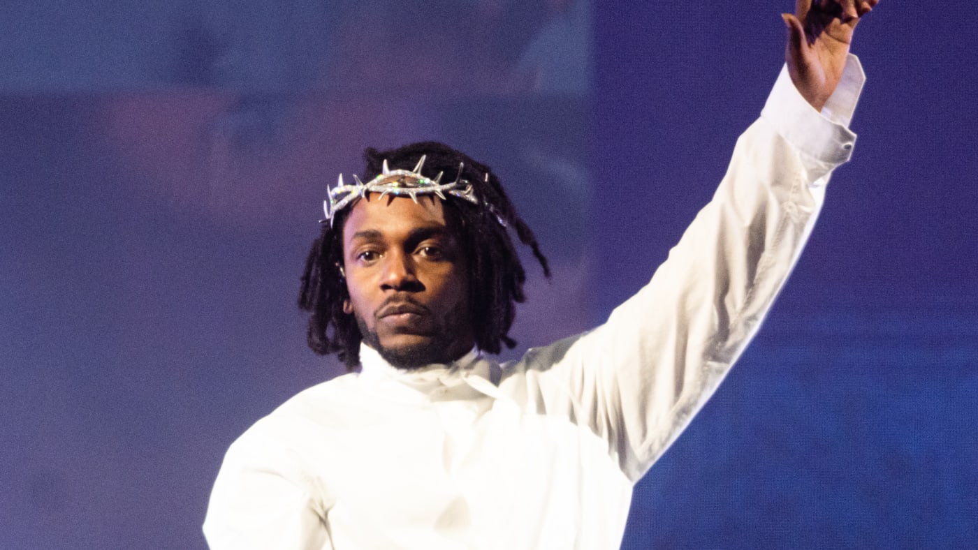 Kendrick Lamar performs as he headlines the Pyramid Stage