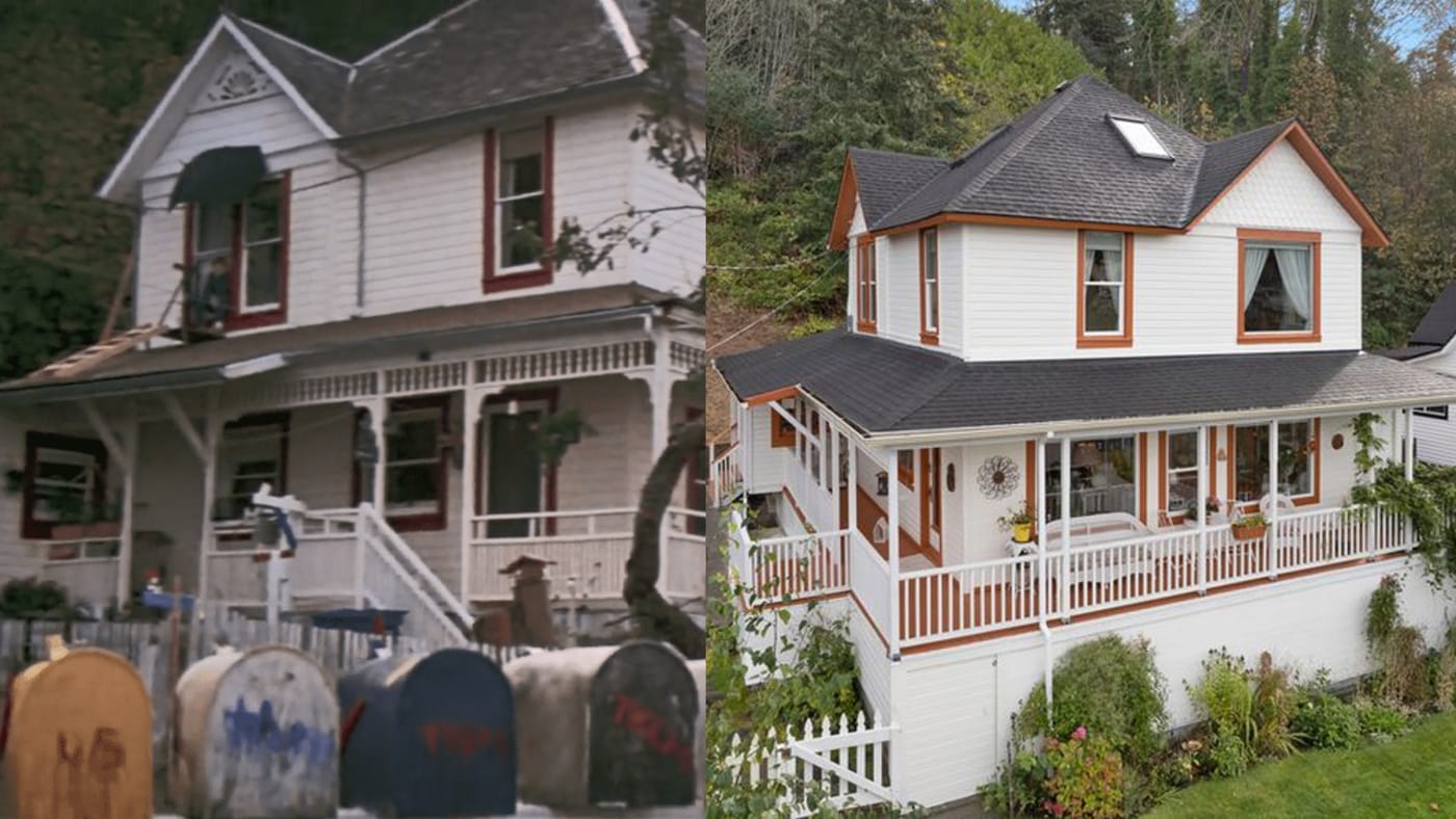 A splice image of the goonies house then and now