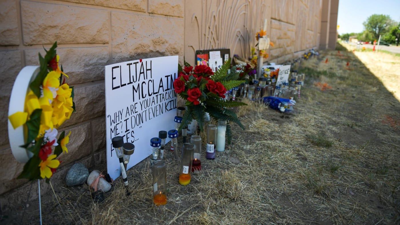 Memorial near where Elijah McClain was forcibly restrained by Aurora police