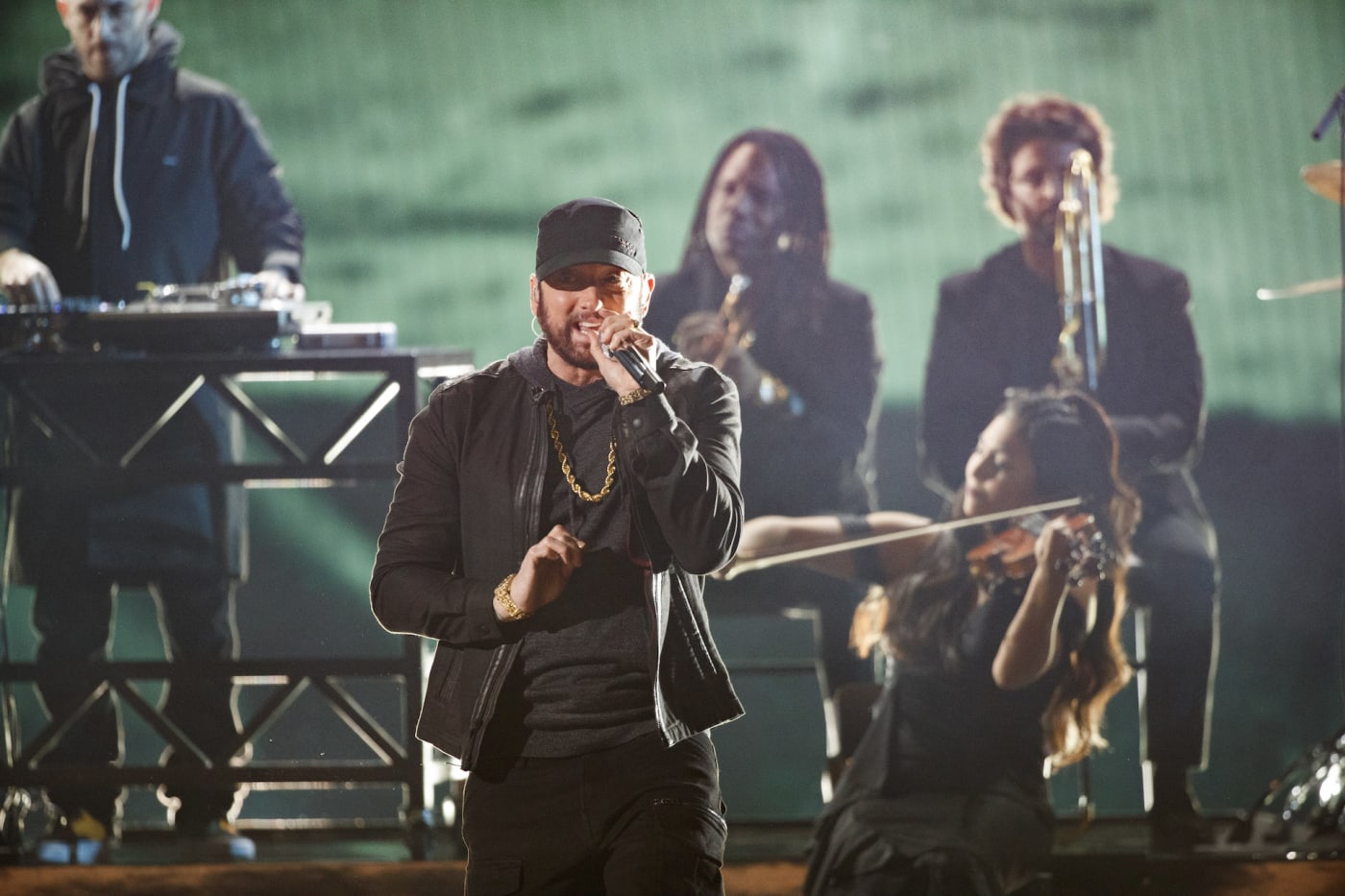 Eminem performs "Lose Yourself" at the 92nd Oscars.