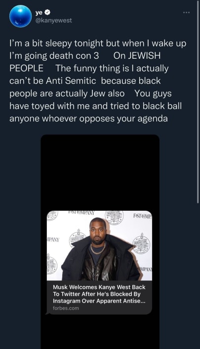 Kanye's IG Account Restricted, Tweet Removed for Antisemitism (UPDATE) |  Complex