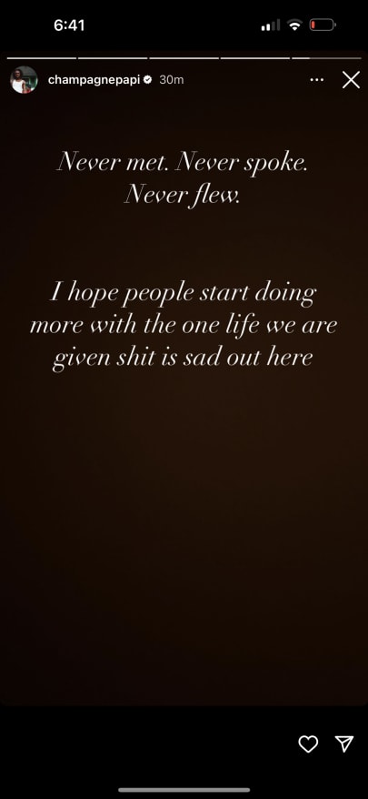 Screenshot of Drake's Instagram Stories in response to woman claiming he flew her out.