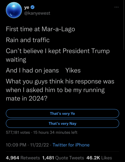 Ye tweets about Trump and 2024