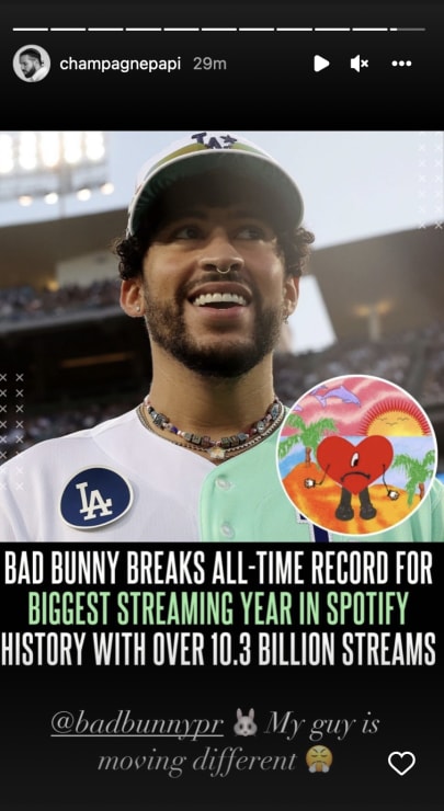 Screenshot of Drake's Instagram Story congratulating Bad Bunny on Spotify record.