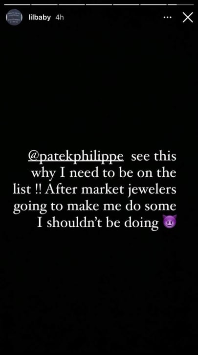 Screenshot from Lil Baby's Instagram Stories addressing fake Patek claim.