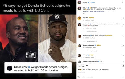 50 Cent's Instagram post about Kanye