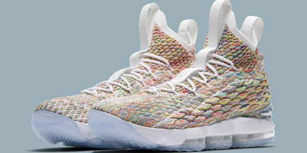 white lebrons with rainbow bottom