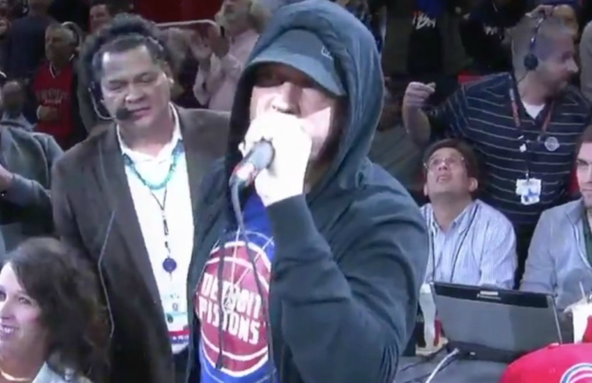 Watch Eminem Make a Surprise Appearance at the Pistons’ First Game Back