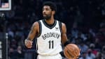 Kyrie Irving #11 of the Brooklyn Nets brings the ball up court during the second quarter against the Cleveland Cavaliers.