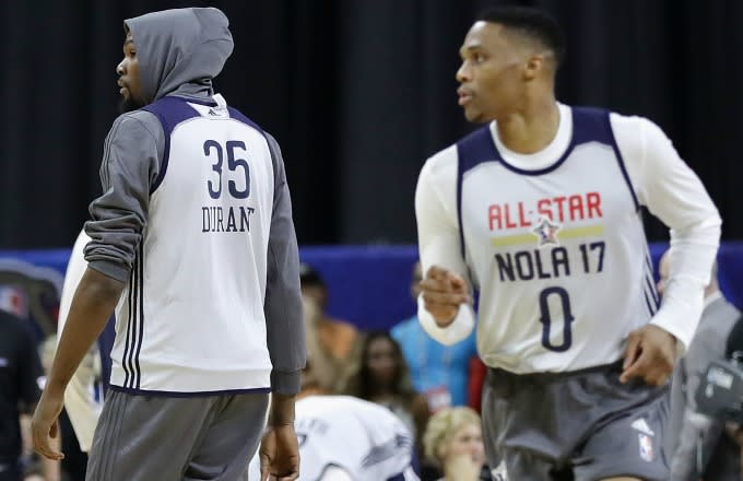Kevin Durant and Russell Westbrook at an NBA All-Star Game practice.